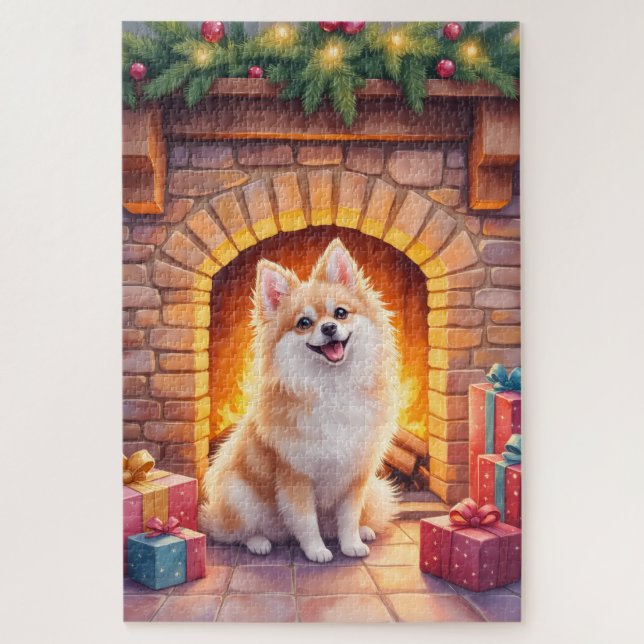 Quebra-cabeça Fluffy Pomeranian Cozy Christmas Fireplace Dog Art (Vertical)
