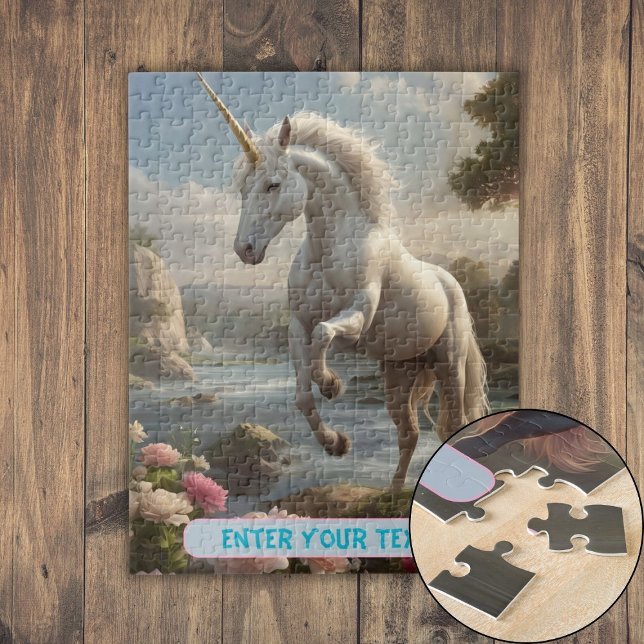 Quebra-cabeça Fluxo de Flor Branco Personalizado Unicórnio (Personalized White Unicorn Flower Stream Jigsaw Puzzle)