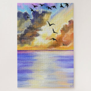 Quebra-cabeça Flying Birds on Sea Sunset Puzzle - Painting