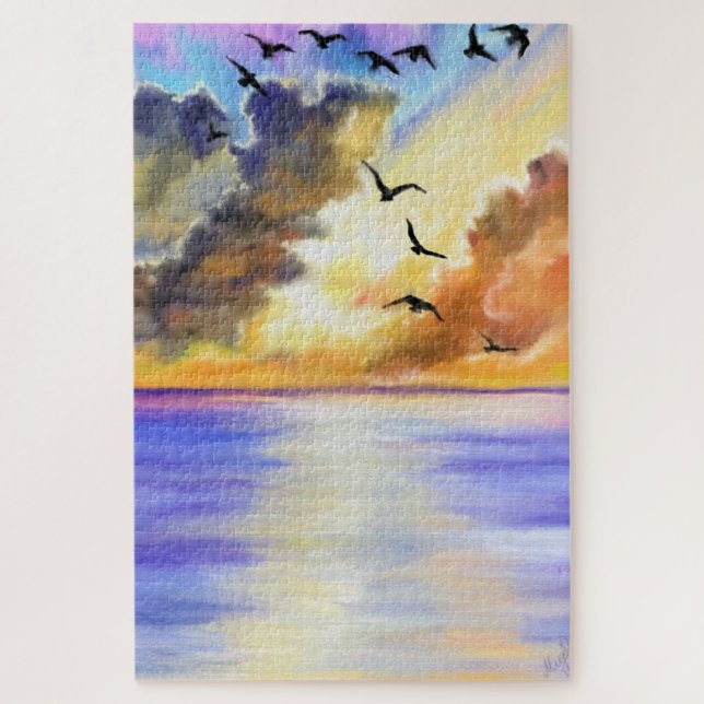 Quebra-cabeça Flying Birds on Sea Sunset Puzzle - Painting (Vertical)