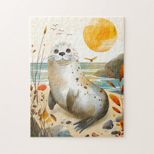 Quebra-cabeça Foca de desenho animado relaxando na rocha