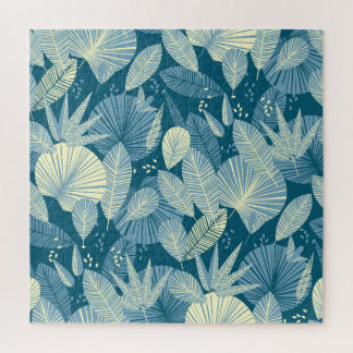 Quebra-cabeça Folhagem Elegante: Padrão Tropical Azul-Cinza.