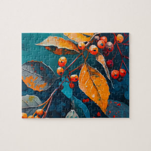 Quebra-cabeça Folhas de madeira em queda pintadas. Arte foliar d