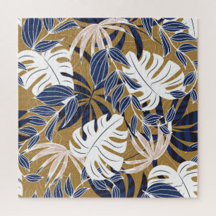 Quebra-cabeça Folhas Tropicais Coloridas Fundo Laranja