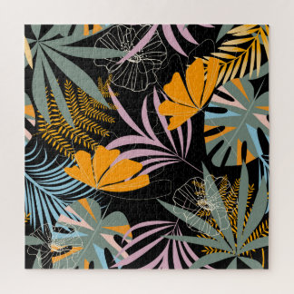 Quebra-cabeça Folhas Tropicais: Impressão de Vintage Escuro.