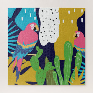 Quebra-cabeça Folhas tropicais, papagaios: fundo de verão.