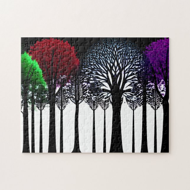 Quebra-cabeça Folhas Vermelhas Vermelhas na Floresta de Silhueta (Horizontal)