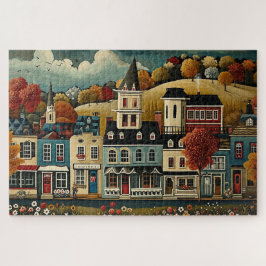 Quebra-cabeça Folk Art Small Town Street no outono