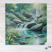 Forest Stream Woodland Waterfalls Watercolor