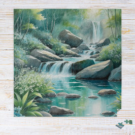 Quebra-cabeça Forest Stream Woodland Waterfalls Watercolor