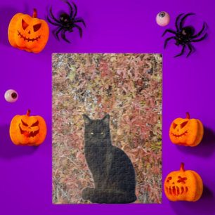 Quebra-cabeça Foto de Gato Preto com Folhas de Outono Laranja