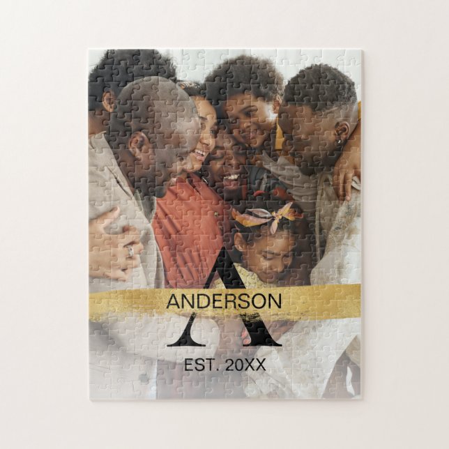 Quebra-cabeça Foto de Nome da Família Monograma Dourada (Vertical)