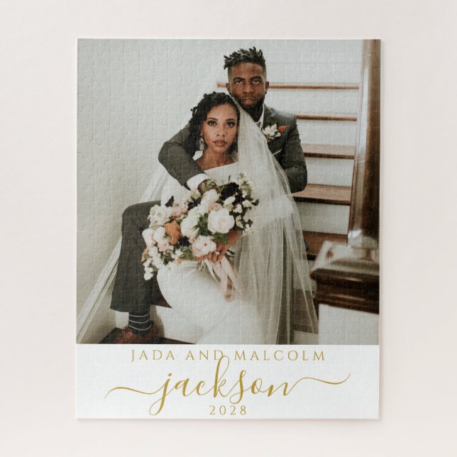 Quebra-cabeça Foto Dourada de Casamento Monograma (Vertical)