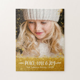 Quebra-cabeça Foto: Peace Love Joy Typografia Dourada Stars Glit