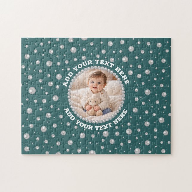 Quebra-cabeça Foto Personalizada com Círculo de Pérolas em Azul  (Horizontal)