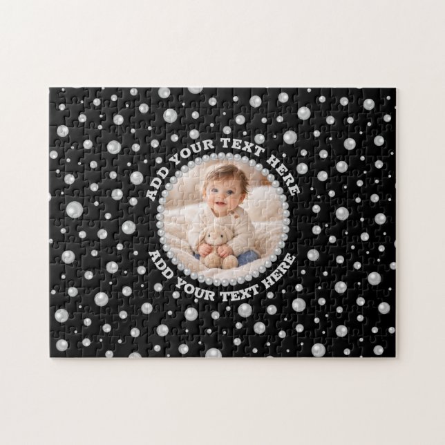 Quebra-cabeça Foto Personalizada com Círculo de Pérolas em Preto (Horizontal)