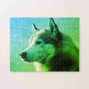 Quebra-cabeça Fotografia do Cão Malamute no Alasca Azul verde