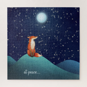Quebra-cabeça Fox encantadora sentada debaixo da lua cheia