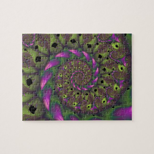 Quebra-cabeça Fractal com Formas Péticas Verde Roxo e Rosa (Horizontal)