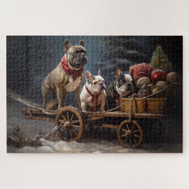 Quebra-cabeça Francês Bulldog Snowy Sleigh Decência de Natal (Horizontal)