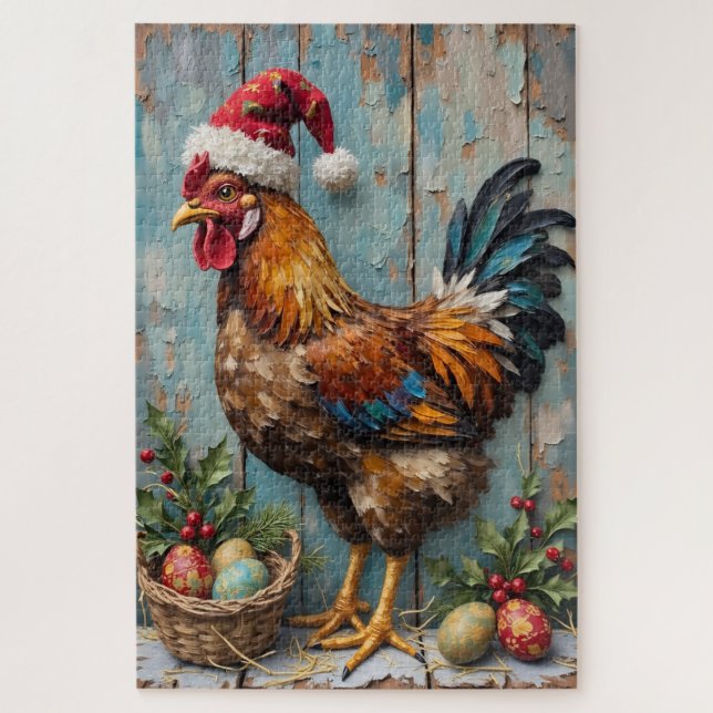 Quebra-cabeça Frango Guardando Ovos de Natal Chapéu Rústico (Vertical)
