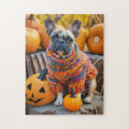Quebra-cabeça French Bulldog Autumn Pumpkins