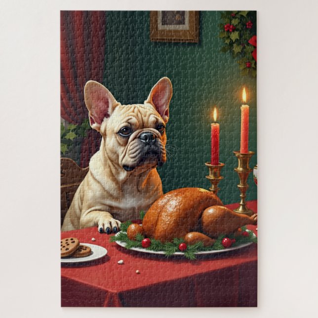 Quebra-cabeça French Bulldog Christmas Eve Feast Painting (Vertical)