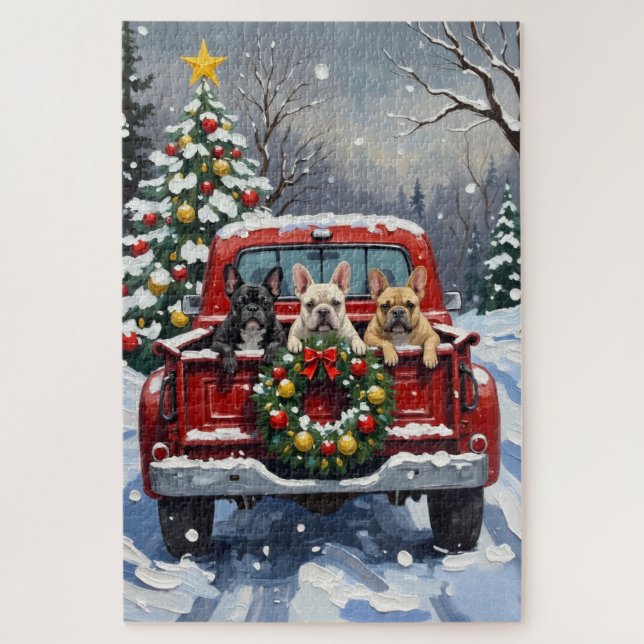 Quebra-cabeça French Bulldog Christmas Red Truck Holiday (Vertical)