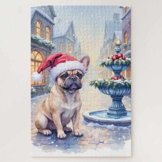 Quebra-cabeça French Bulldog Snowy Town Fountain Santa Christmas (Vertical)