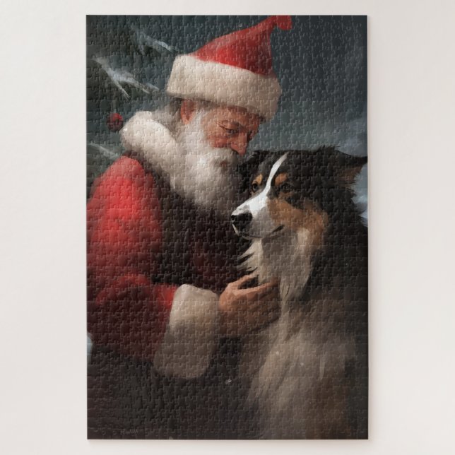 Quebra-cabeça Fronteira Collie com Papai Noel Natal Festivo (Vertical)