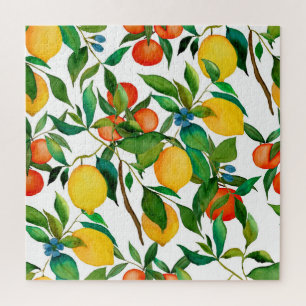 Quebra-cabeça Frutas de citros, padrão de aquarela vibrante.