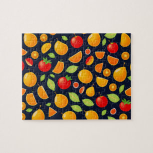 Quebra-cabeça Frutas laranja, amarela, vermelha e verde
