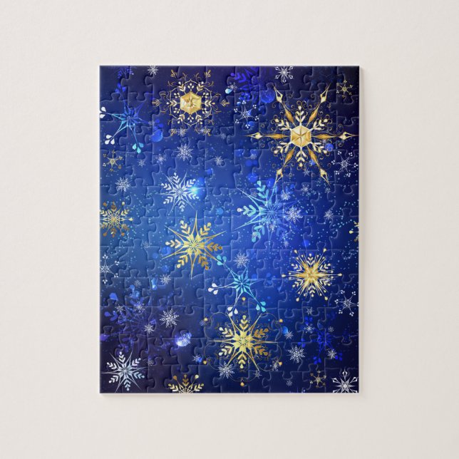 Quebra-cabeça Fundo Azul XMAS com Flocos de Neve Ouro (Vertical)