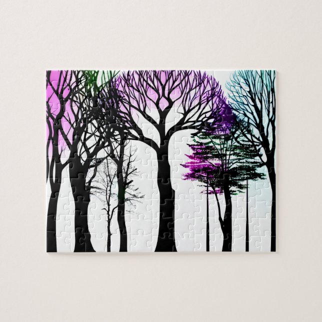 Quebra-cabeça Fundo Branco Árvores Negras Roxo Azul e Verde (Horizontal)