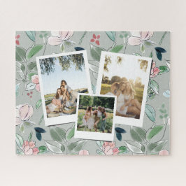 Quebra-cabeça Fundo Floral Verde com 3 Fotos Personalizadas