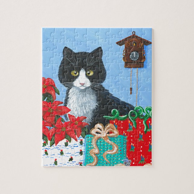 Quebra-cabeça Funny Christmas Cat Black Tuxedo Cuckoo Clock (Vertical)