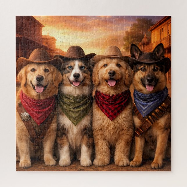 Quebra-cabeça Funny Cowboy Dogs Puzzle | Wild West Dog Art (Vertical)