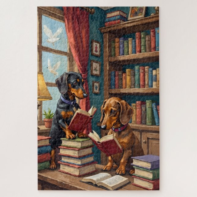 Quebra-cabeça Funny Dachshund Bookstore Reading Dog Lover Art (Vertical)