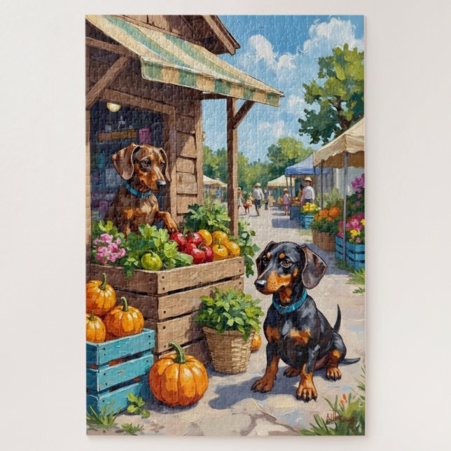 Quebra-cabeça Funny Dachshund Farmers Market Dog Lover Art (Vertical)