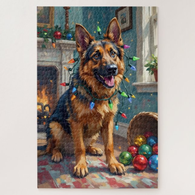 Quebra-cabeça Funny German Shepherd Tangled in Christmas Lights (Vertical)