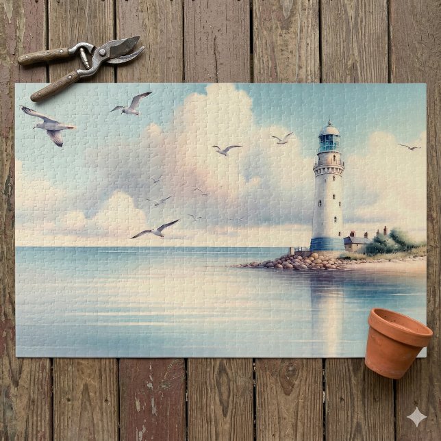 Quebra-cabeça Gaivotas do Farol Costeiro Céu Pastel Serenidade (Coastal Lighthouse Seagulls Pastel Sky Serenity Jigsaw Puzzle On Wood Flloor)