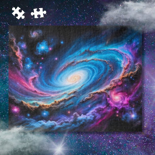 Quebra-cabeça galáxia colorida com estrelas e nebulosas