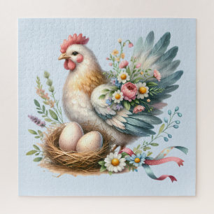 Quebra-cabeça Galinha Floral com Ovos Charme de Fazenda Antiga