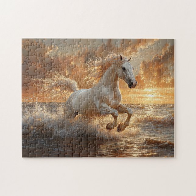 Quebra-cabeça Galopagem De Cavalos Brancos Através De Ondas Oceâ (Horizontal)