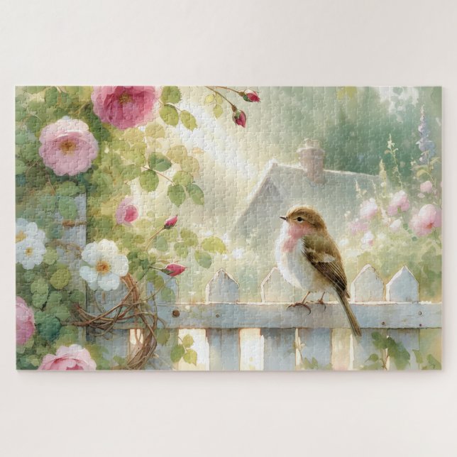 Quebra-cabeça Garden Rose Bird Watercolor Scene (Horizontal)