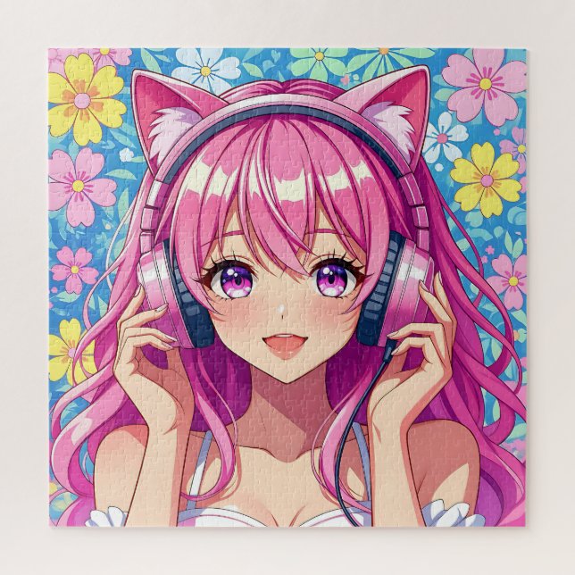 Quebra-cabeça Garota Anime Rosa Fofa com Fones de Ouvido (Vertical)