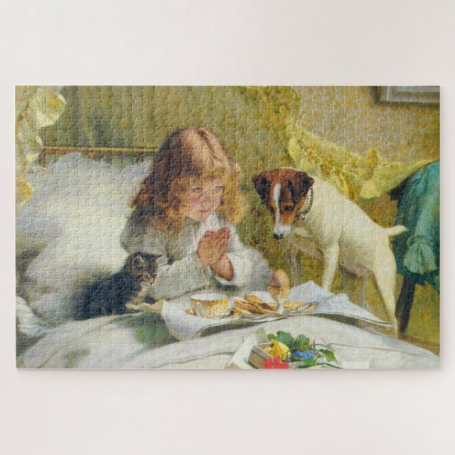 Quebra-cabeça Garota Antiga Rezando com Arte de Gato e Cachorro  (Horizontal)