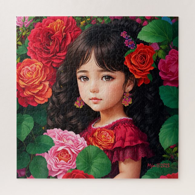 Quebra-cabeça Garota Bonita Com Flores De Rosa Rosa Rosa Rosa Ve (Vertical)