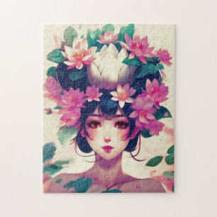 Quebra-cabeça Garota de Anime Coroada com Flores de Lótus