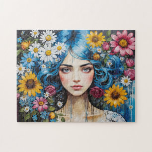 Quebra-cabeça Garota de Cabelo Azul com Flores